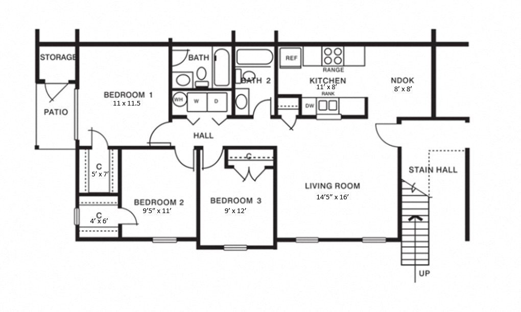 Floor plan for 3 beds, 2 baths, 1100 sqft